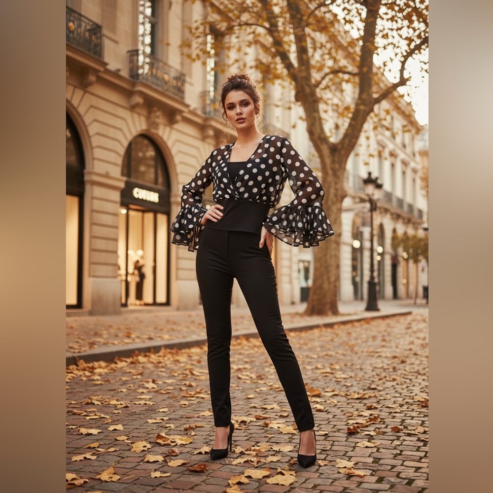 Elegant Black and White Polka Dot Blouse with Flare Sleeves - Picture 2 of 6